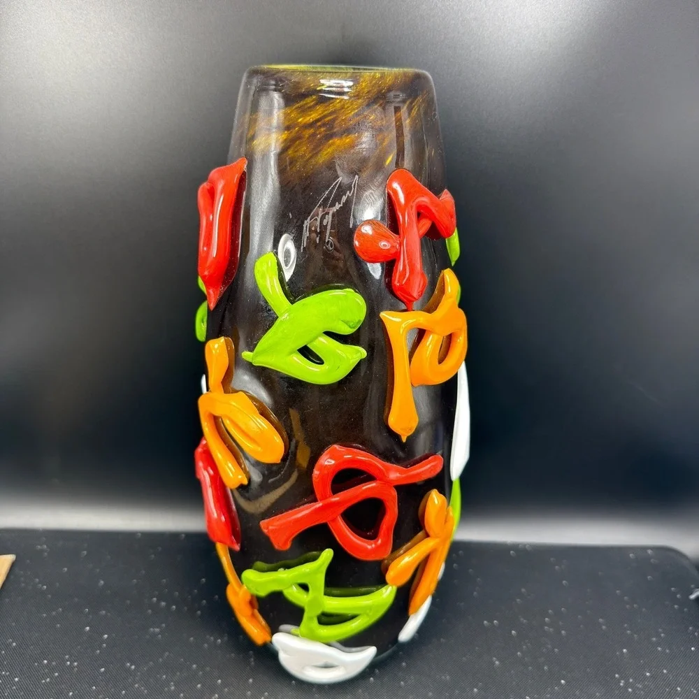 Mihai‎ Topescu Glass Vase 12inch Heavy Applied Ribbon Colorful Modern Decor